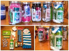 there are many jars with different items in them