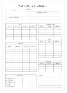 the printable pay check planner is shown in black and white, with lines on it