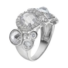 A cluster of round- and checkerboard-cut cubic zirconia stones makes this ring a noteworthy accessory. Click on this JEWELRY & WATCHES GUIDE to learn about fit, styles, materials and more!RING DETAILS Width: .57 in. Metal: rhodium-plated sterling silver CUBIC ZIRCONIA DETAILS Total weight: 10 3/8 ct. Shape: round checkerboard cut, round Setting: prong, bezel  Color: White. Gender: female. Age Group: adult. Round Cubic Zirconia Crystal Ring With Sparkling Stones, Cubic Zirconia Crystal Ring With Sparkling Stones, Multi-stone Cubic Zirconia Crystal Ring, Silver Cluster Ring With Sparkling Cubic Zirconia, Glamorous Round Diamond Ring With Sparkling Stones, Classic Multi-stone Cluster Ring With Cubic Zirconia, Glamorous Round Crystal Ring In Cubic Zirconia, Glamorous Round Cubic Zirconia Crystal Ring, Multi-stone Crystal Ring In Cubic Zirconia