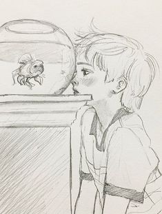 a drawing of a young boy looking at a fish in a bowl with a mouse on it