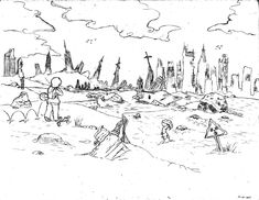 a black and white drawing of people walking in the sand with city buildings behind them