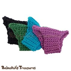 three crocheted headbands are shown in different colors and sizes, one is black, the other is purple