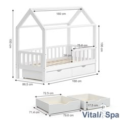 a white bed frame with drawers underneath it and measurements for the size of the bed