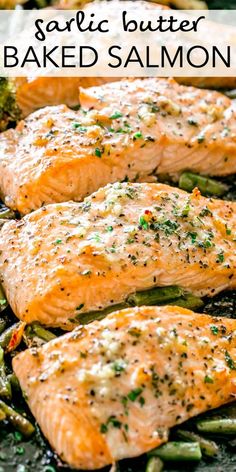 garlic butter baked salmon recipe with asparagus and broccoli on the side