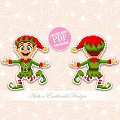 two pixelated christmas elves with red hats and green pants, one is pointing at the other