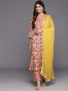 Multi Color Cotton Floral Print & Embroidered Suit Set with Dupatta Yellow Bollywood Style Floral Kurta, Floral Print Traditional Wear For Spring Festivals, Floral Print Traditional Wear For Festive Spring, Floral Traditional Wear For Festive Spring Season, Spring Straight Kurta Anarkali Set With Floral Embroidery, Yellow Floral Embroidered Straight Kurta Set, Spring Floral Embroidered Straight Kurta Anarkali Set, Multicolor Floral Print Palazzo Set For Navratri, Spring Multicolor Palazzo Set With Dupatta