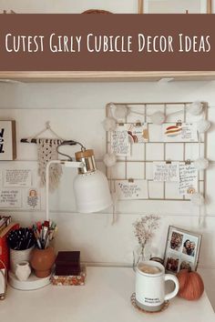 a cluttered desk with coffee mugs and pictures on the wall above it is text overlay that reads, cutest gray cubicle decor ideas