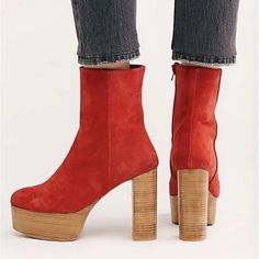 Worn Maybe Once Great Condition/ Like New No Flaws Vibrant Red/Orange In Color Free People Shoes, Red Suede, Platform Boots, Vibrant Red, Shoes Heels Boots, Friday Night, Shoes Women Heels, Heeled Boots, Shoes Heels