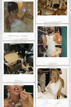 several photographs of women in white dresses and necklaces, with the words getting ready on them