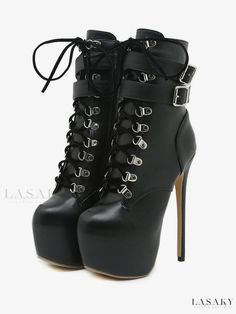 Lasaky - Stylish Almond Toe Stiletto Heel Boots – Exquisite Black High Heel Boots with Buckle and Lace-Up Features, Perfect for Rave Clubs Stiletto Heel Boots, Platform Boots Women, Extreme High Heels, Runway Shoes, Black Platform Boots, Boot Straps, Rounded Toe Boots, Estilo Chic, Black High Heels