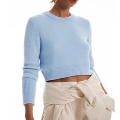 Zara Cropped Soft Feel Sweater With Round Neck And Long Sleeves. Color: Powder Blue Zara Cropped Knit Sweater, Chic Blue Crew Neck Sweater, Chic Blue Cropped Sweater For Fall, Blue Cropped Winter Sweater, Blue Cropped Crew Neck Sweater For Spring, Blue Cropped Sweater Crew Neck For Spring, Blue Fitted Cropped Sweater, Fitted Blue Cropped Sweater For Spring, Blue Fitted Cropped Sweater Casual