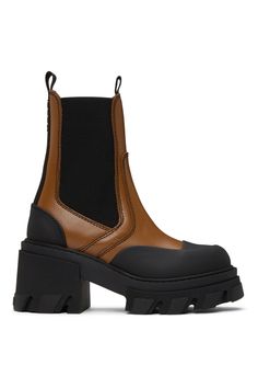 GANNI: Brown Cleated Heeled Chelsea Boots | SSENSE Brown Chelsea Boots With Rubber Heel Cap, Brown Cap Toe Chelsea Boots For Winter, Brown Cap Toe Chelsea Boots With Rubber Heel Cap, Brown Leather Chelsea Boots With Rubber Heel Cap, Brown Heeled Boots With Rubber Heel Cap For Fall, Brown Calf Leather Chelsea Boots For Work, Brown Leather Trim Boots With Round Toe, Brown Boots With Leather Trim And Round Toe, Brown High Ankle Platform Boots For Workwear