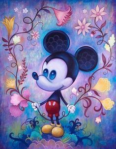 an image of mickey mouse with flowers and butterflies on the bottom, and in the middle