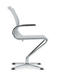 a white office chair with chrome legs and armrests, viewed from the front