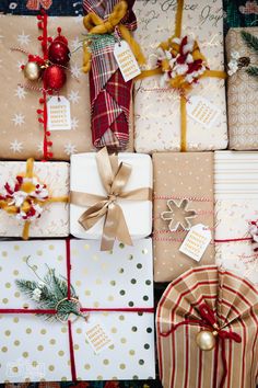 presents wrapped in brown and white paper with bows