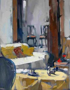 an oil painting of a living room with yellow and blue furniture in the foreground