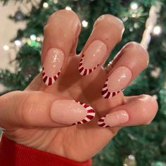 French Manicure With A Twist, Nails Medium Almond, Cane Tips, Medium Almond, Santa Patterns, Cute Christmas Nails, Christmas Gel Nails, Simple Gel Nails