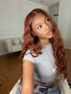 Hair Color Ideas Cooper, Autumn Color Hair Black Women, Autumn Hair Black Women, Cooper Brown Hair Color Black Women, 20 Inch Wig Hairstyles, Honey Orange Hair, Muted Ginger Hair, Amber Wigs, Red Brown Hair Black Women