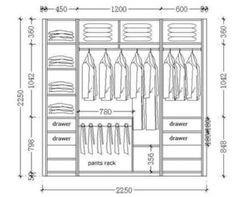 a drawing of a closet with clothes hanging on the door and shelves in front of it