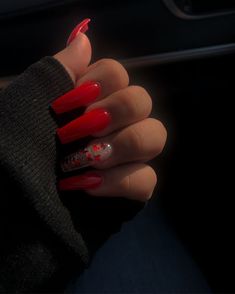 Red Nails Acrylic Butterfly, Red Acrylic Nails Butterflies, Red And Pink Acrylics, Red Nails With Rose Design, Medium Acrylic Nails Valentines Day, Cute Short Red Acrylic Nails, Birthday Nails Coffin Red, Red Nail Acrylic Designs, Red Acrylic Nails Coffin Designs