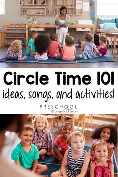 children sitting on the floor in front of bookshelves with text overlay that reads circle time 101 ideas, songs and activities preschool