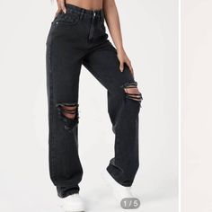 Ripped Detail Straight Leg Black Jeans New With Tags! Ripped Jeans Aesthetic, Black Jeans Ripped, Black Ripped Jeans Outfit, Ripped Jeans Black, Ripped Black Jeans, Drag Inspiration, Ribbed Jeans, Straight Leg Black Jeans, Baggy Ripped Jeans