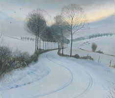 a painting of a snowy road with trees