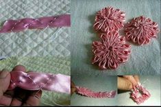 the process of making pink ribbon flowers