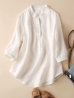 Women's Cotton Linen Shirt Stand Collar Front Pocket Mid Sleeve Ladies Linen Blouse Top Plain Collared Tops For Spring, Plain Collared Blouse For Spring, Summer Top With Collar And Placket, Plain Tops For Summer Daywear, Summer Workwear Plain Blouse, Collared Plain Summer Blouse, Plain Button-up Summer Blouse, Summer Relaxed Fit Plain Blouse, Casual Plain Blouse For Spring