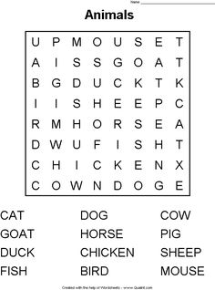 animals word search worksheet