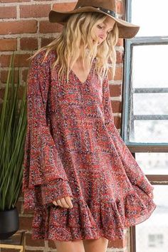 Floral Print Ruffle Sleeves Midi Dress-Rustic Barn Boutique Dress With Ruffle Hem, Deodorant Stains, Makeup Stain, Midi Dress With Sleeves, Floral Ruffle, Ruffle Sleeves, Ruffle Dress, Ruffle Hem, Casual Dress