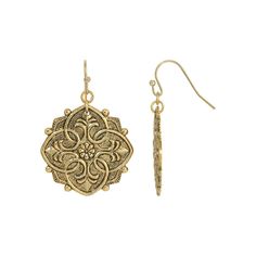 Intricately detailed, these gold tone drop earrings from 1928 feature Fleur de Lis-inspired floral designs for a sweet finishing touch that goes with just about everything. Intricately detailed, these gold tone drop earrings from 1928 feature Fleur de Lis-inspired floral designs for a sweet finishing touch that goes with just about everything. FEATURES Length: 40 mm Backings: fishhook Metal: alloy Plating: gold tone Finish: polished Not appropriate for children 14 years old and younger. Size: One Size. Color: Yellow. Gender: female. Age Group: adult. Gold Drop Earrings With Antique Finish, Gold Antique Finish Drop Earrings, Gold Filigree Drop Flower Earrings, Gold Metal Earrings With Antique Finish, Gold Antique Finish Metal Earrings, Gold Earrings With Antique Finish, Victorian Gold Earrings With Antique Finish, Antique Gold Drop Earrings With Intricate Design, Gold Dangle Jewelry With Antique Finish