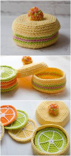 crocheted baskets with oranges and limes are shown in three different ways