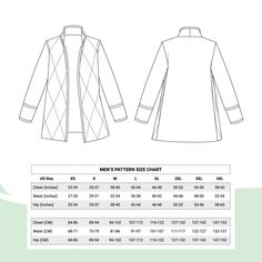 the front and back view of a women's jacket pattern, with measurements for each coat