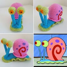 crocheted snails are shown in four different pictures, one is pink and the other is blue