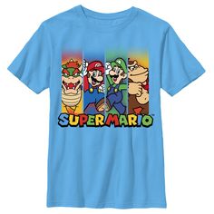 Some of your favorite cast of video game characters take centerstage on the Nintendo Super Mario Characters in Stripes Turquoise T-Shirt. Mario, Luigi, Bowser, and Donkey Kong are featured in front of bright colored stripes on a durable youth turquoise tee. Size: small. Color: blue. Gender: male. Age Group: adult. Pattern: Fictitious Character. Material: Cotton. Luigi Bowser, Super Mario Characters, Mario Luigi, Mario Brothers, Game Characters, Donkey Kong, Boy Tees, Video Game Characters, Slim Fit Shorts