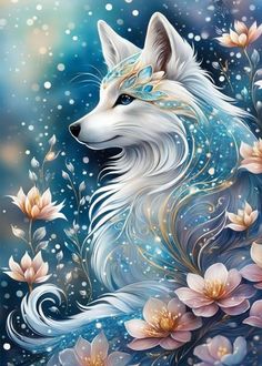 a painting of a white wolf with blue eyes and flowers on it's face