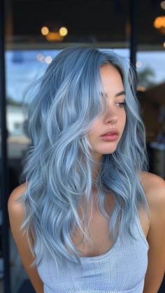 Frosted Blue Hair, Silver To Blue Ombre Hair, Silver Hair Blue Highlights, Blue Grey Hair Color Silver, Steel Blue Hair Color, Teal Blue Hair Color, Silver Hair With Blue Highlights, Blue Silver Hair Color, Dusty Blue Hair Color