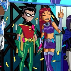 the teen titans are standing in front of an iron gate with their hands up and looking at