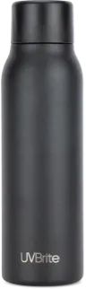 thermos stainless steel bottle is black and has white writing that says luvente on it