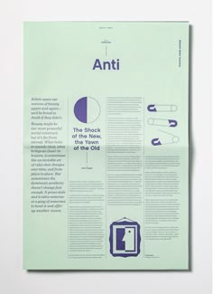 an article from the book antii, written in blue and white on green paper