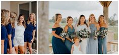 the bride and her bridesmaids are posing for pictures on the porch at their wedding