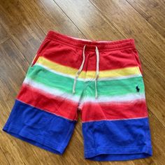 Polo Ralph Lauren 9" Classics French Terry Shorts Multicolor Striped Mens Sz S Sporty Multicolor Bottoms With Relaxed Fit, Sporty Multicolor Relaxed Fit Bottoms, Casual Relaxed Fit Color Block Bottoms, Multicolor Cotton Sporty Bottoms, Multicolor Sporty Cotton Bottoms, Multicolor Color Block Shorts For Summer, Red Cotton Color Block Bottoms, Multicolor Bermuda Bottoms For Spring, Red Color Block Cotton Bottoms