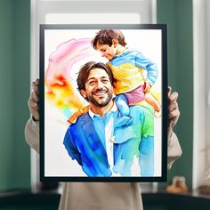 a man holding up a painting with a child on his shoulders