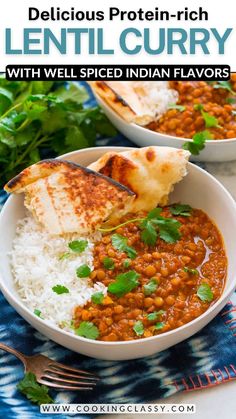 two bowls filled with lentil curry, rice and garnished with cilantro