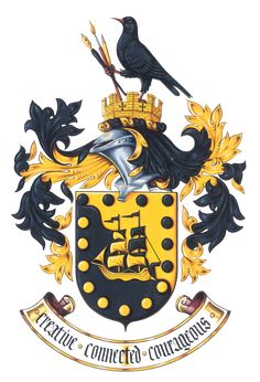 the coat of arms and crest of an official family member, with two birds on top