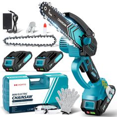 an electric chain saw with tools and accessories