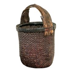 an old woven basket is shown on a white background