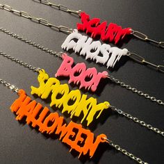 "Acrylic Halloween Trick or Treating Name or Word Necklace. Halloween Party Name Necklace with 14k Gold Chain. Personalized Jewelry, Custom Name Jewelry, Personalized Gift, Halloween Gift, Gift for Kids and Adults. Stand out with these vibrant color Halloween necklaces. ❤️HOW TO ORDER: ♥︎Choose Length ( Pendant is NOT included in chain length. The total length of your necklace will be between 1\"-2.5\" longer depending on the number of characters in the word or name. ♥︎Choose Name Color ♥︎ In Pe Halloween Necklaces, Kids Halloween Gifts, Halloween Names, Pumpkin Carving Party, Word Necklace, Halloween Necklace, Jewelry Personalized, Name Jewelry, Halloween Jewelry