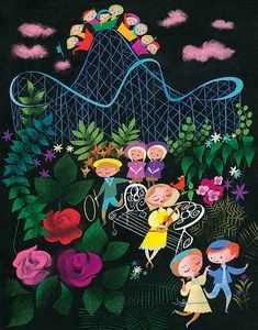 an image of children playing in front of a roller coaster at the amusement park with flowers and trees